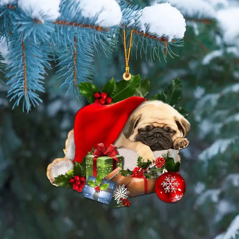 Sleeping Pug Dog Christmas Tree Car Accessories Decoration Hanging Pendants Xmas Tree Decor New Year 2024 Navidad DecoracióN