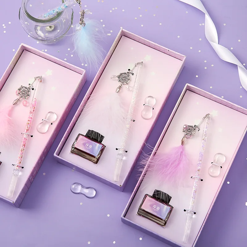 Dreamcatcher Glass Pen Diamond Colored Gift Box Set Dipping Pen Business Gift Student Fountain Pen Factory Direct Sale