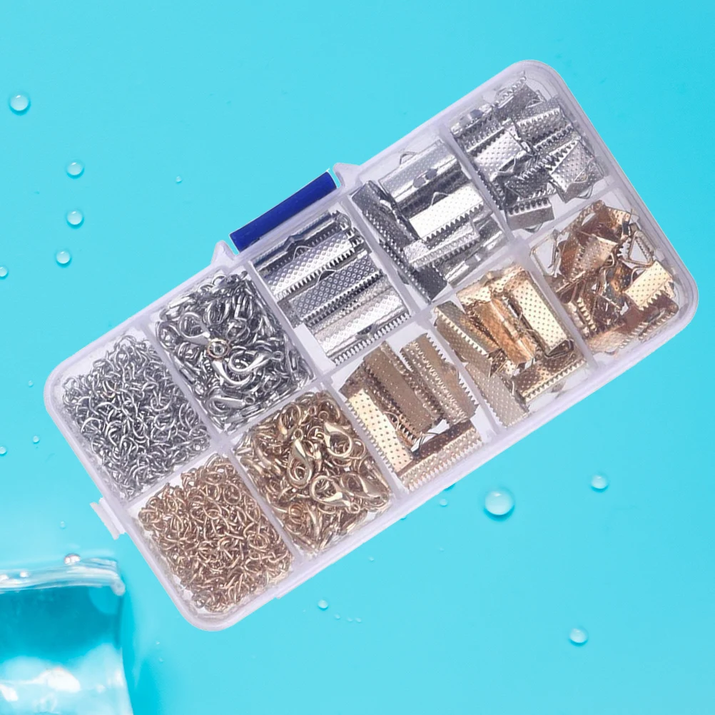 

370pcs Crimp End Clamps White Cord Ends Zipper Clips Textured Fastener Clasps Boxed Ribbon Plated Lobster Clasp Extension Chain