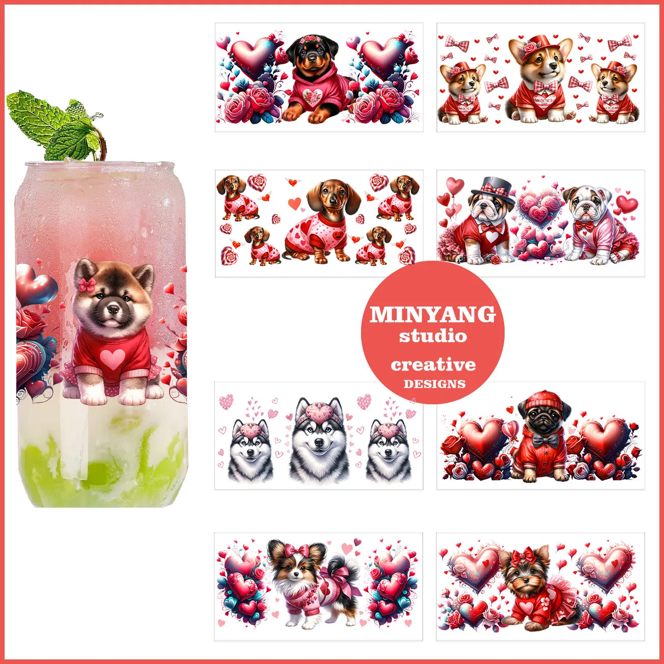 

Valentine's Day puppy peel waterproof DIY Decals 3D transfers uvdtf crystal stickers 16oz uv dtf cup wraps for Libbey Glasses