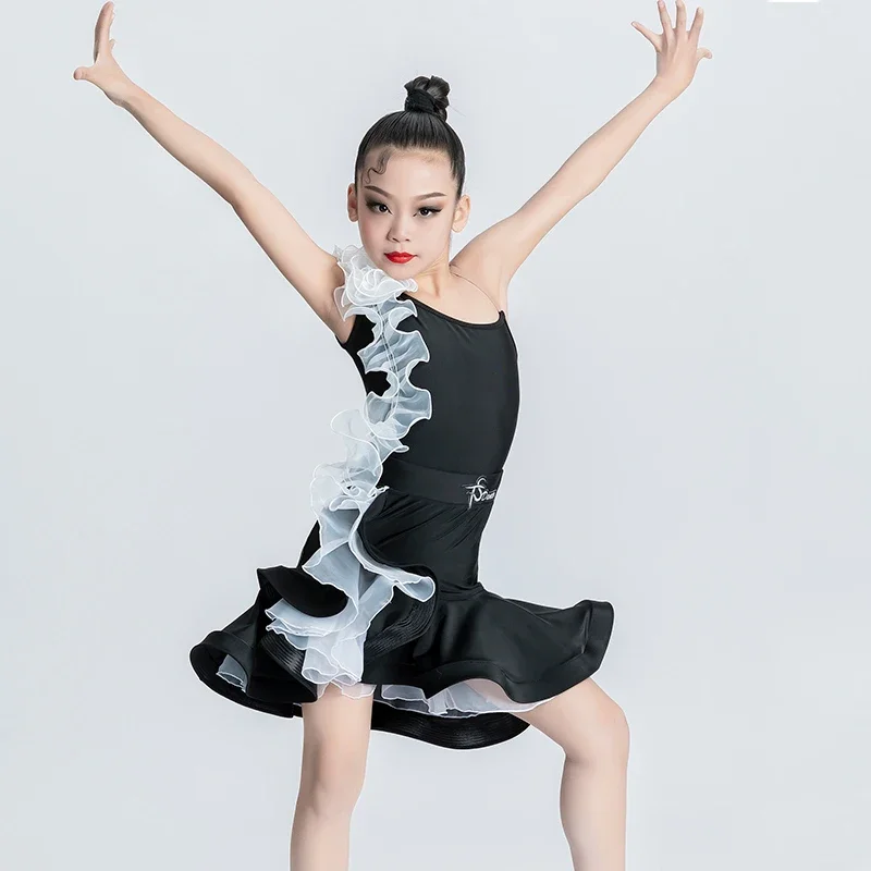 

Детское платье для латиноамериканских танцев, черное платье без рукавов для выступлений, танцевальных соревнований, лето 8037