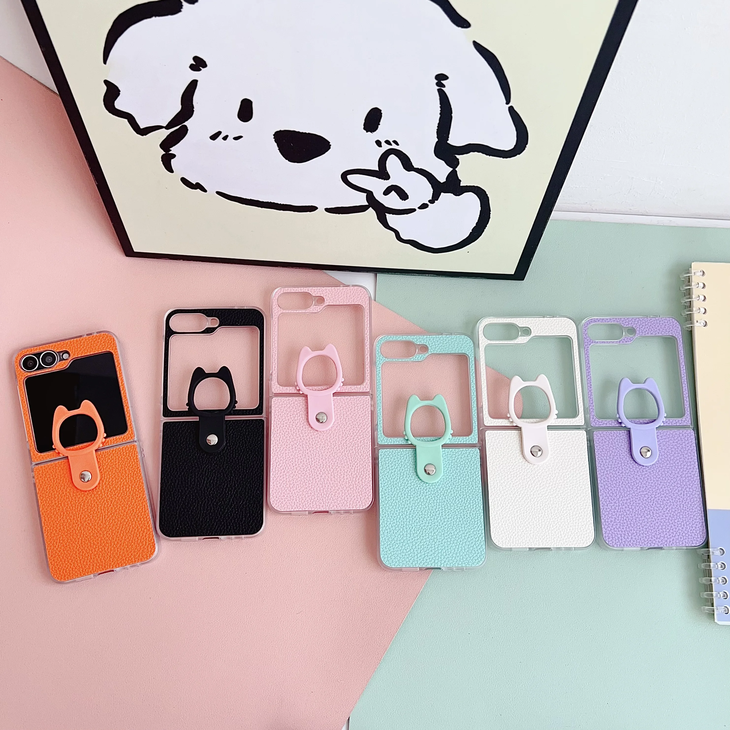 

Back Cover For Samsung Galaxy Z Flip 7 6 5 4 3 Case Jelly Shell Lychee Pattern Finger Ring Hard PC Shockproof Phone Case