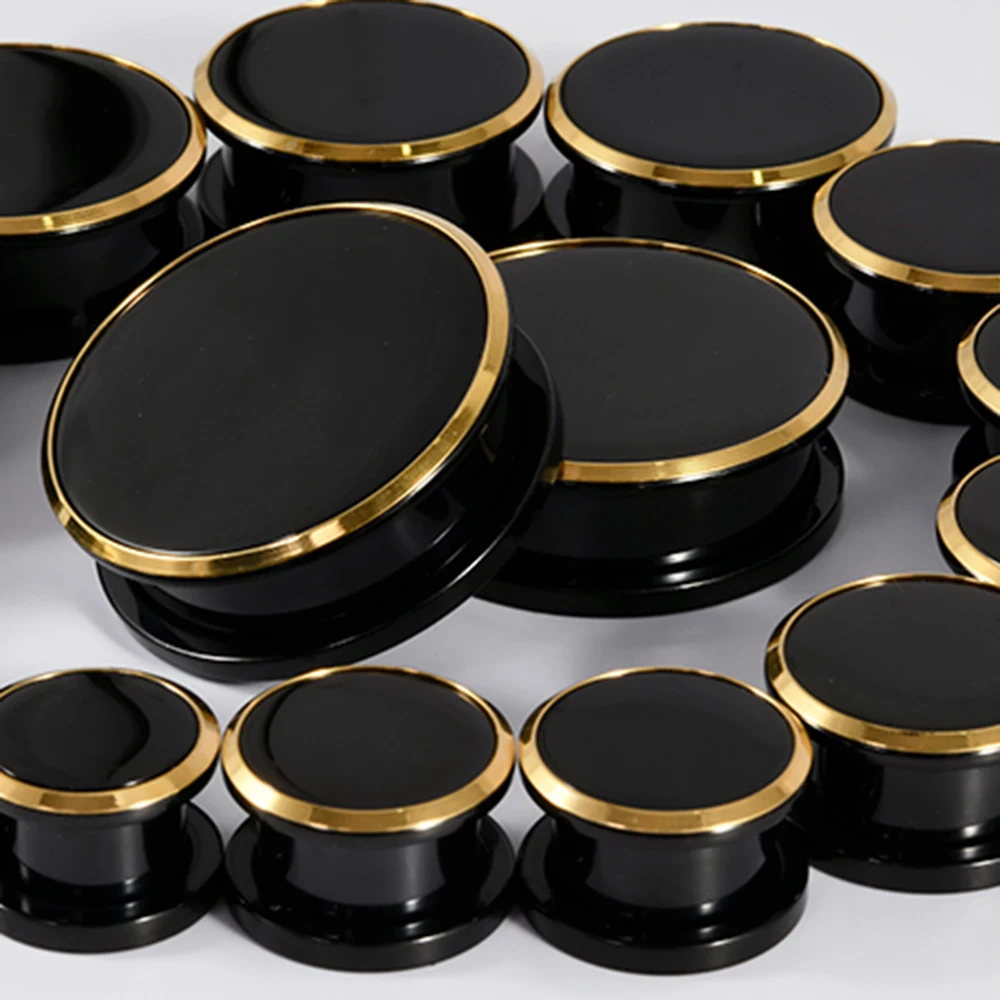 1PC Black Mirror Surface Ear Plug 316 Stainless Steel Thread Gold Line Pulley Ear Tunnel Expansion Ear Gauge Stretcher Earring