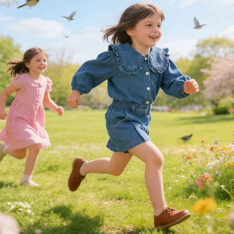 2026 Summer Costume For Girls Denim Lapel Short Sleeve Denim Tops & Skirt Korea Style Baby Girl Causal Outfit  2 To 7 Years