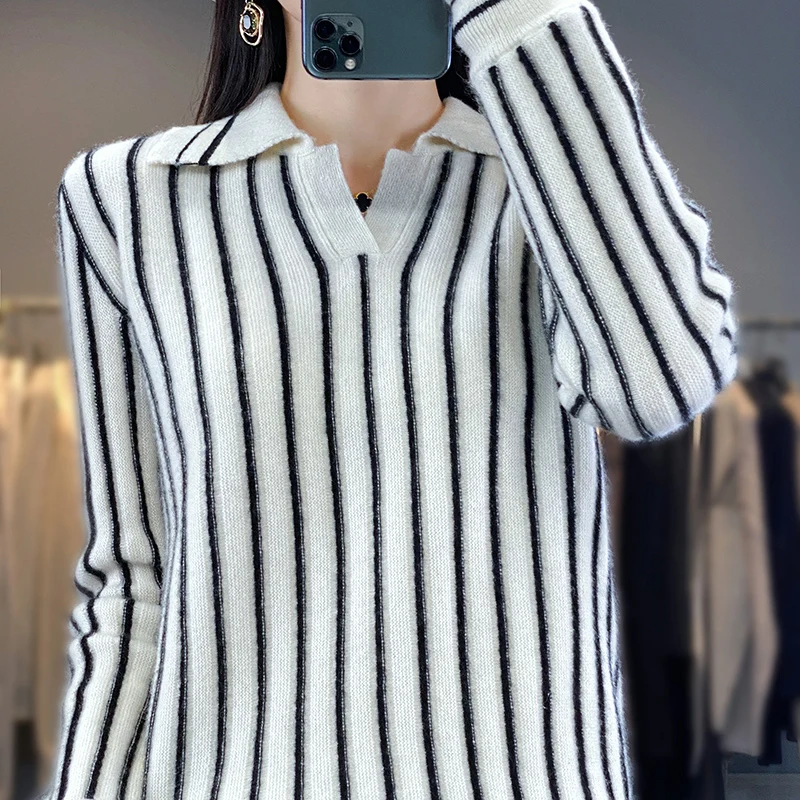 100% Merino Wool Sweater Women\'s Pullover Autumn Winter Most Trend Women\'s Clothing Fashion Classic Striped Knit POLO Neck Top