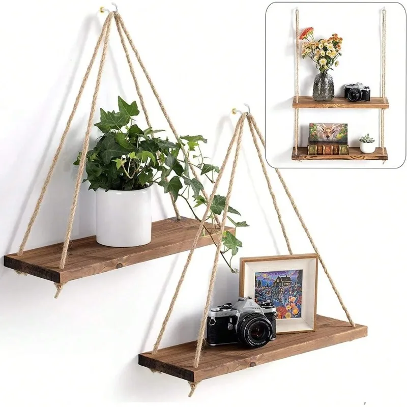 

Wooden Swing Hanging Hemp Rope Wall Shelve Mounted Floating Home Room Plant Flower Pot Tray Storage Rack Garden Decoration