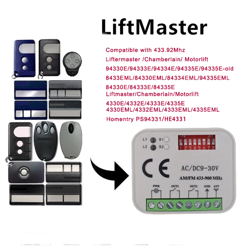 Compatible for BFT DITEC Hormann Sommer 300-868Mhz Universal 2 Channel 9-30V Rolling&Fixed Code Garage Door Remote Receiver