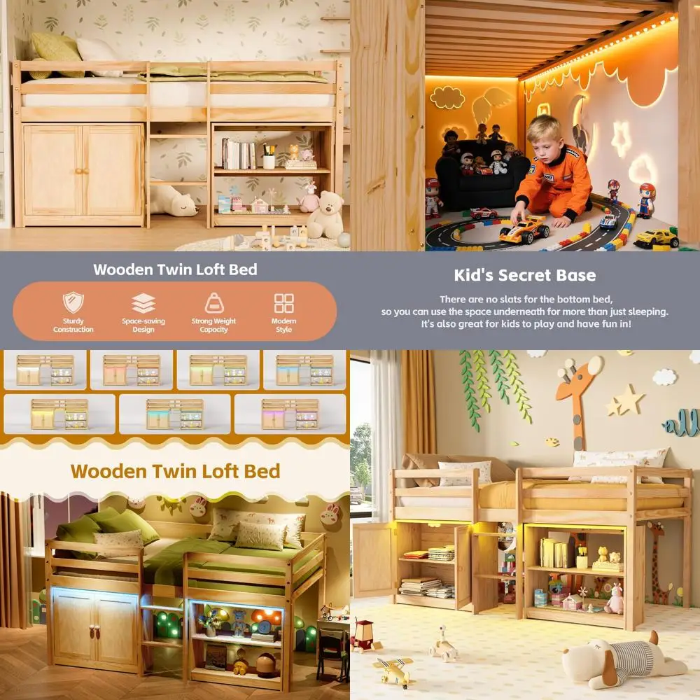 

Двухъярусная кровать-чердак из натурального дерева с LED-подсветкой, защитным барьером, местом для хранения и игровой зоной