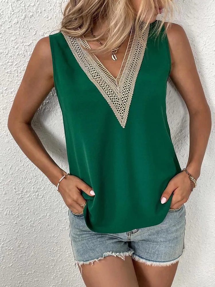 Blusa sin mangas con cuello en V de encaje parchwork para mujer, camiseta holgada calada de verano, ropa de calle informal, Top Tsnk