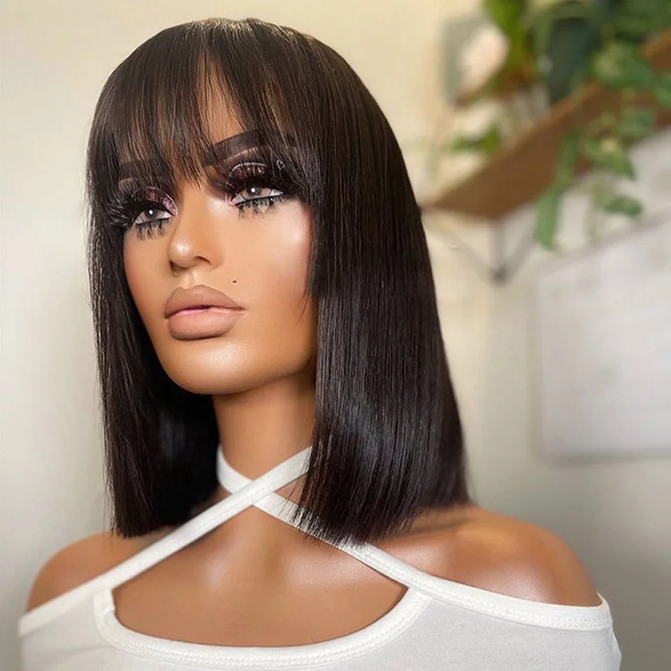 

Brazilian Straight Human Hair Wigs With Bangs Short Bob Wig Fringe Wig Human Hair Full Machine Wigs For Women Full No Lace Wig