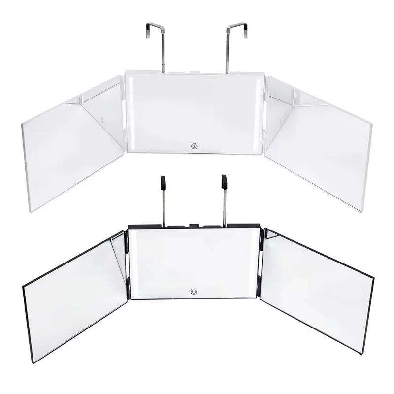 Portable self-cutting mirror 3-way mirror hair trifold makeup mirror with height-adjustable retractable hook
