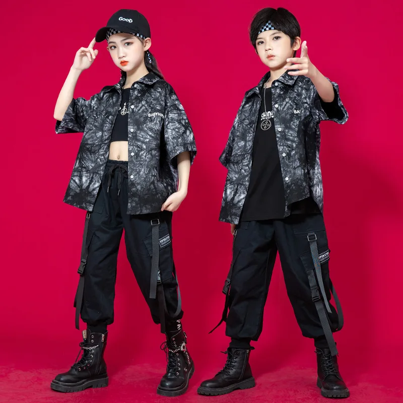 

Kid Hip Hop Clothing Black Tie Dye Print Short Sleeve Shirt Casual Cargo Jogger Harem Pants for Girl Boy Dance Costume Clothes