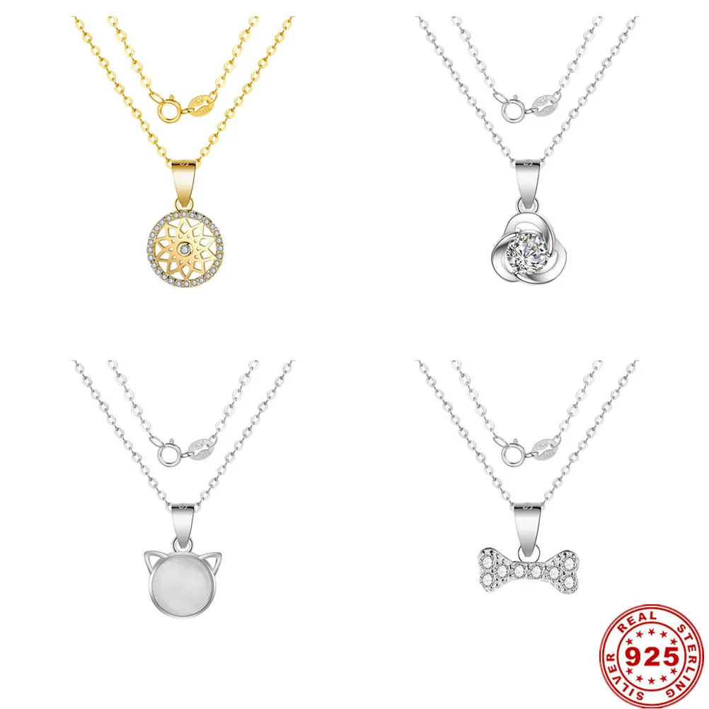 

1pcs 925 Sterling Charm Cat Flower Bone Pendant Necklace for Women Jewelry 45cm chains