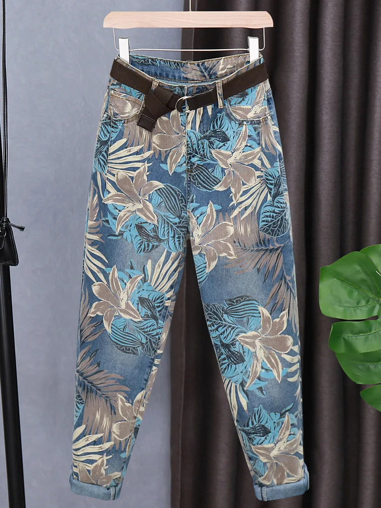 

Women's Fashion Streetwear High Waist Loose Harem Denim Pants Autumn New Maple Leaf Printing Dyeing Cropped Jeans With Belt