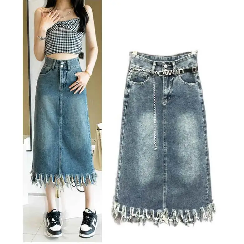 

Women Tassel Denim Skirt High Waisted Mid Length A-line Skirt