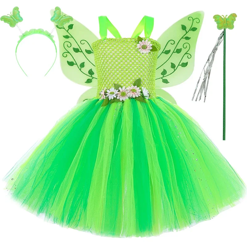 Hn8 cintilante lavanda flor trajes de fadas para meninas verde tinker bel vestidos de princesa com asas crianças aniversário ballet tut) 4dc