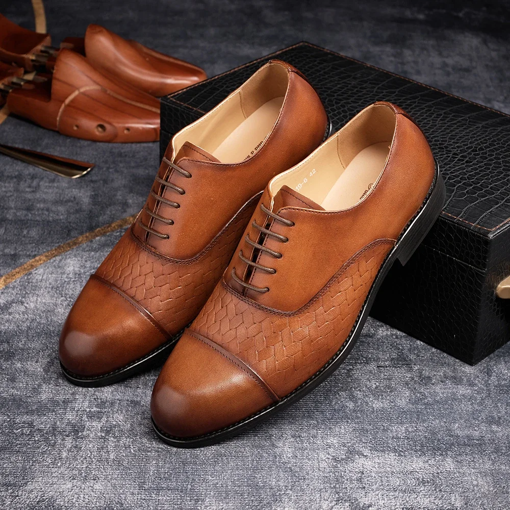 Classic Genuine Leather Men\'s Oxford Shoes Handmade Pointed Toe Checkered Lace-Up Formal Business Dress Shoes for Wedding Party
