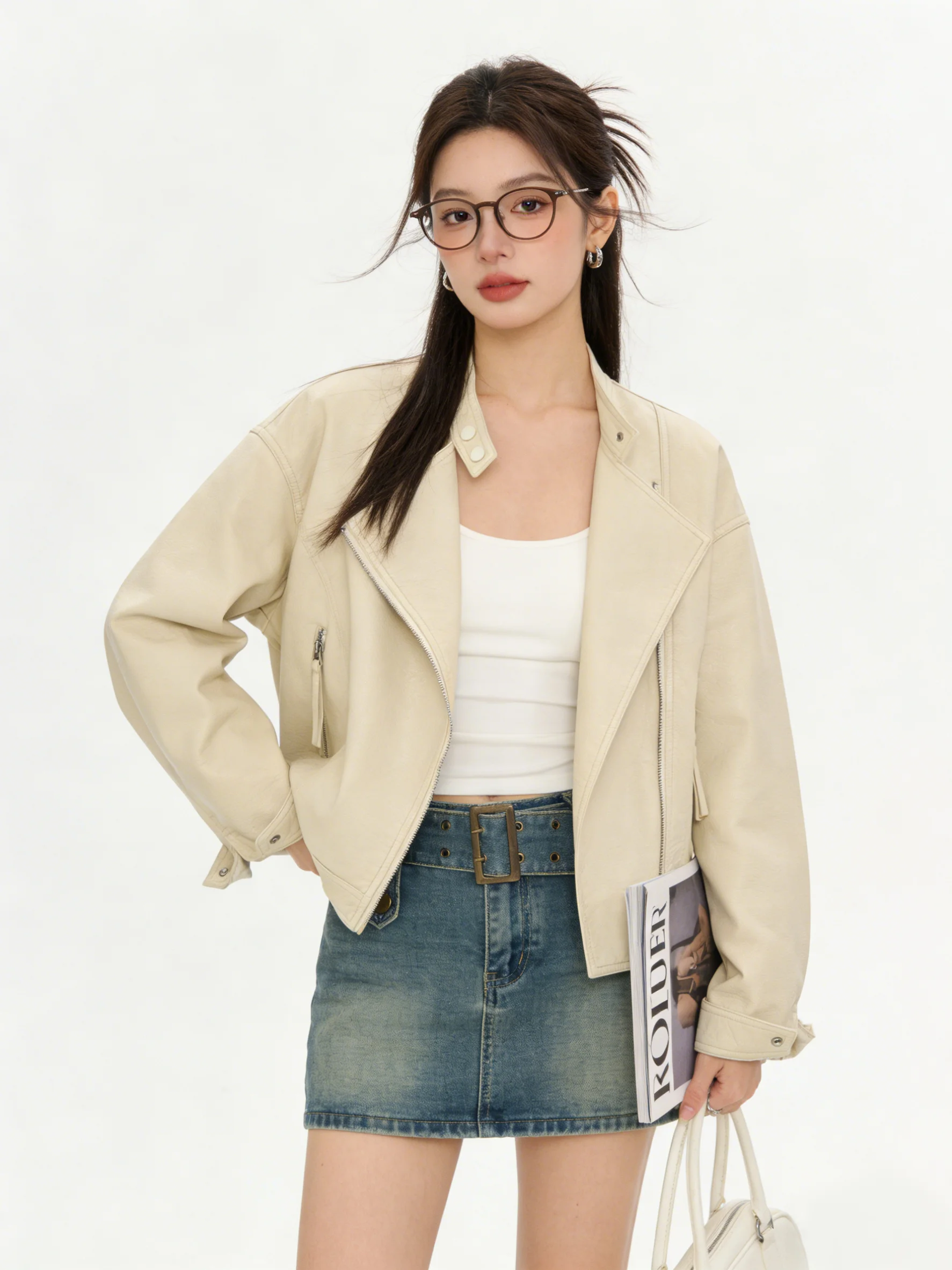 

Retro Style Short Leather Jacket Women's Loose Commuter Zipper Coat Versatile Anti-Aging Spring Fashion Motorcycle Clothes