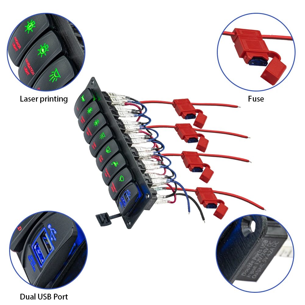 STTL Aluminum IP65 Dual USB Socket 8 Gangs on off Yacht Waterproof Boat Rocker Switch Panel