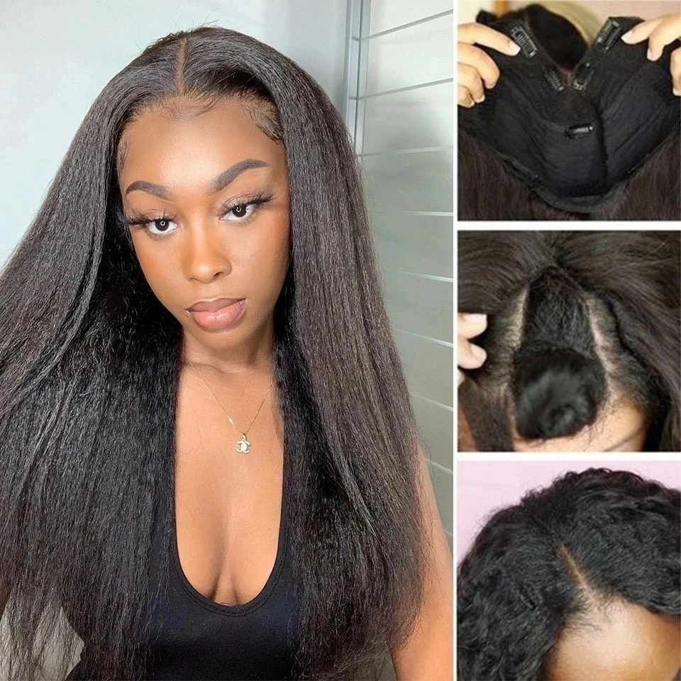 YaKi V Part Wig Synthetic Kinky Straight Hair Heat Resistant Wigs Natural Black Friendly For Black Women Daily Wigs 10-30inch