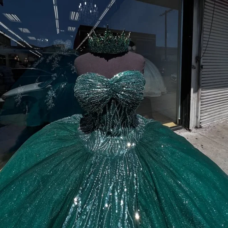 

Shiny Dark Green Quinceanera Dress Glitter Decal off-shoulder Lace ruffle Long tail Vestidos De 15 Quinceanera ﻿Customize