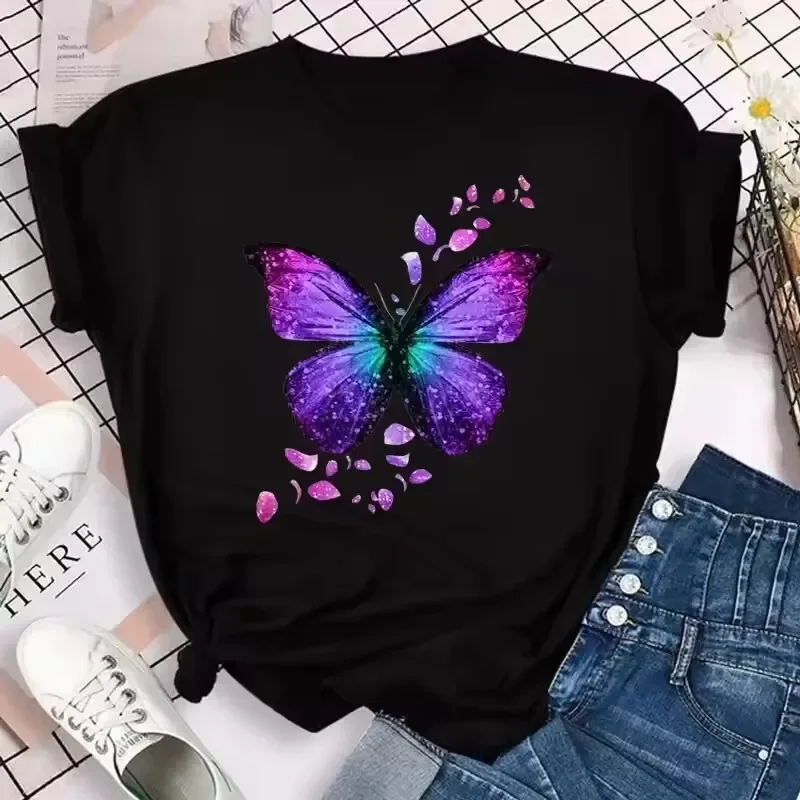 Colorful Butterfly Petal Print Short Sleeve and Round Neck Cute Graphic Tee Shirts Female Tops Clothing Fashion Women T-shirt image 2