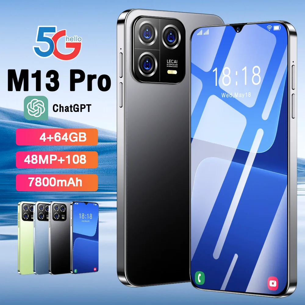 2024 New M13pro Android Phones 5G 7.3'' HD+ 120Hz 108MP Camera 7800mAh Battery Mobile Phones 4GB+64GB Smartphone Unlocked Phone