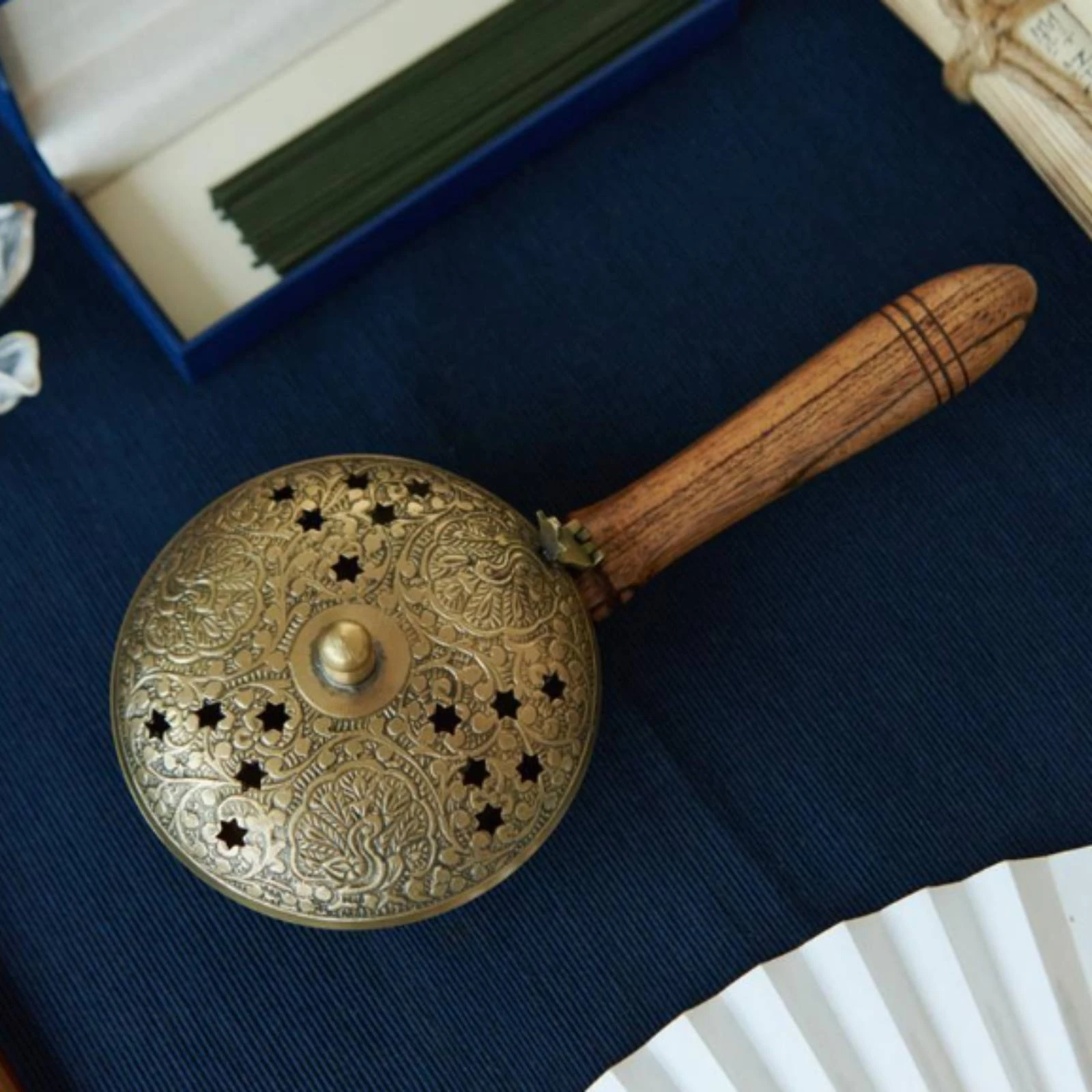 Incense Burner with Handle Solid Brass Tabletop Censer Wooden Perforated for Meditation, Tea Table