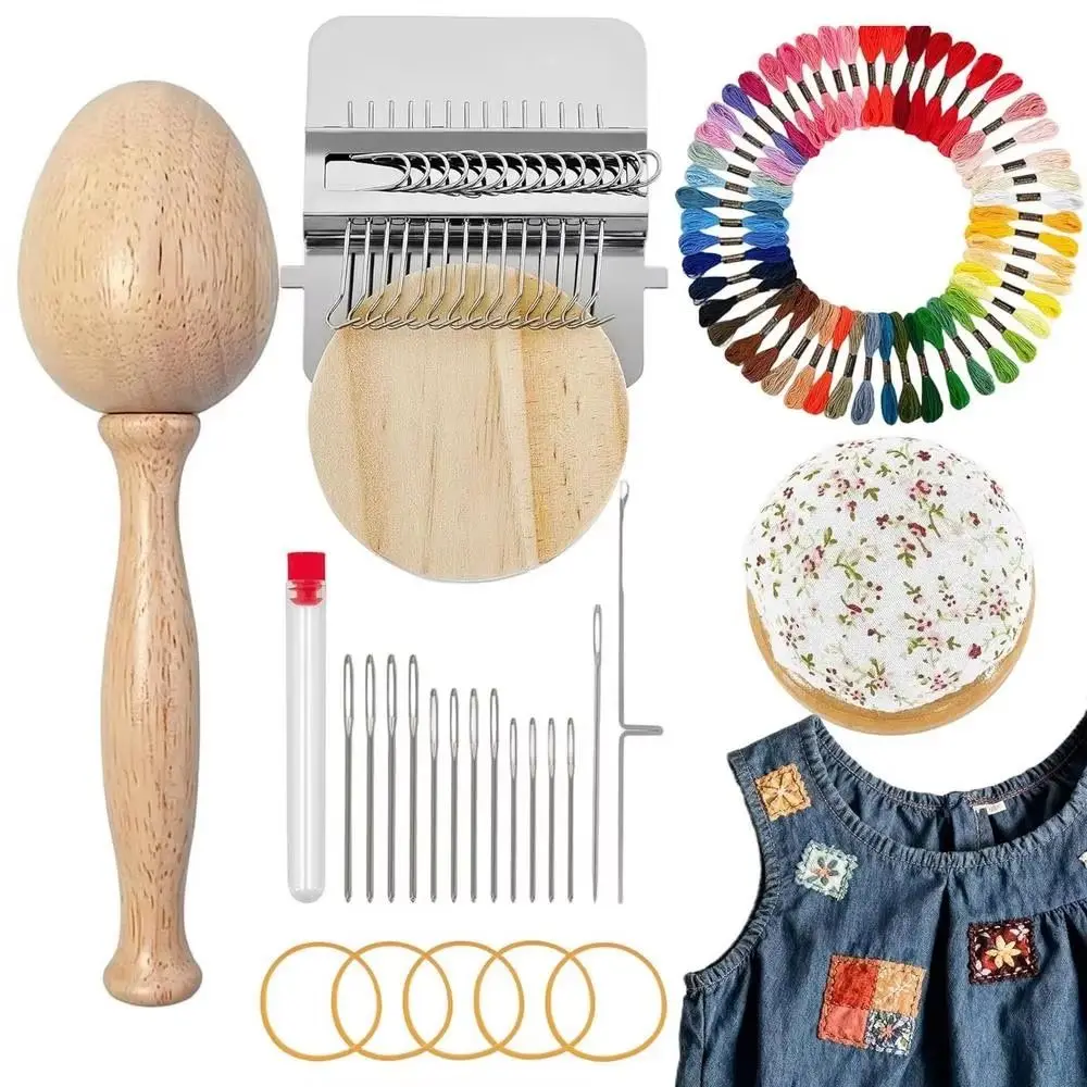 

DIY Crafts Sock Darning Kit Weaving Loom Egg/Mushroom Shaped Darning Egg for Socks 50 Color Threads Wooden Base