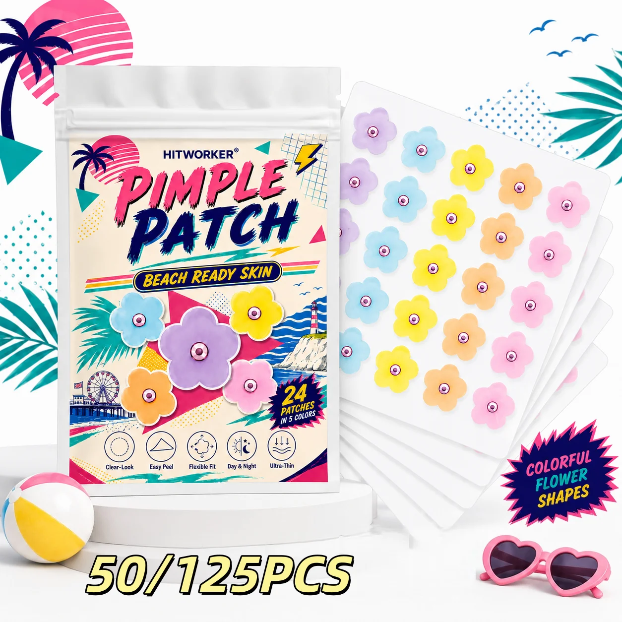 50/125pcs Colorful Flower Hydrocolloid Spot Cover Patches, Cute Face Stickers, Easy Peel Thin Skin Care Day Night Use