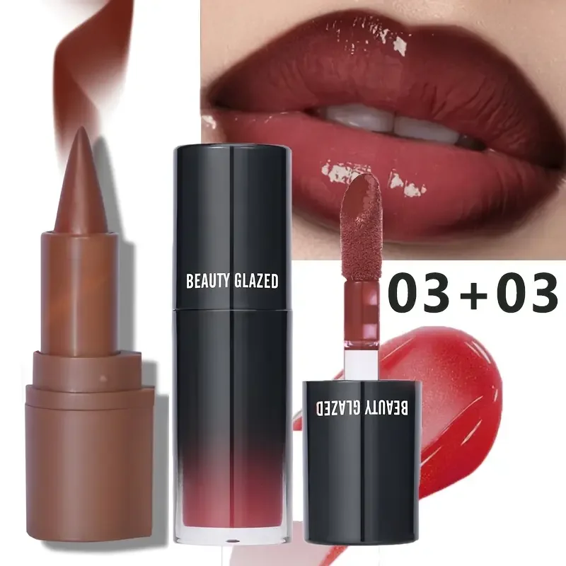 Combo de brillo de labios hidratante y delineador marrón para mujer, efecto hidratante y relleno, 2 colores, combinación de delineador de labios