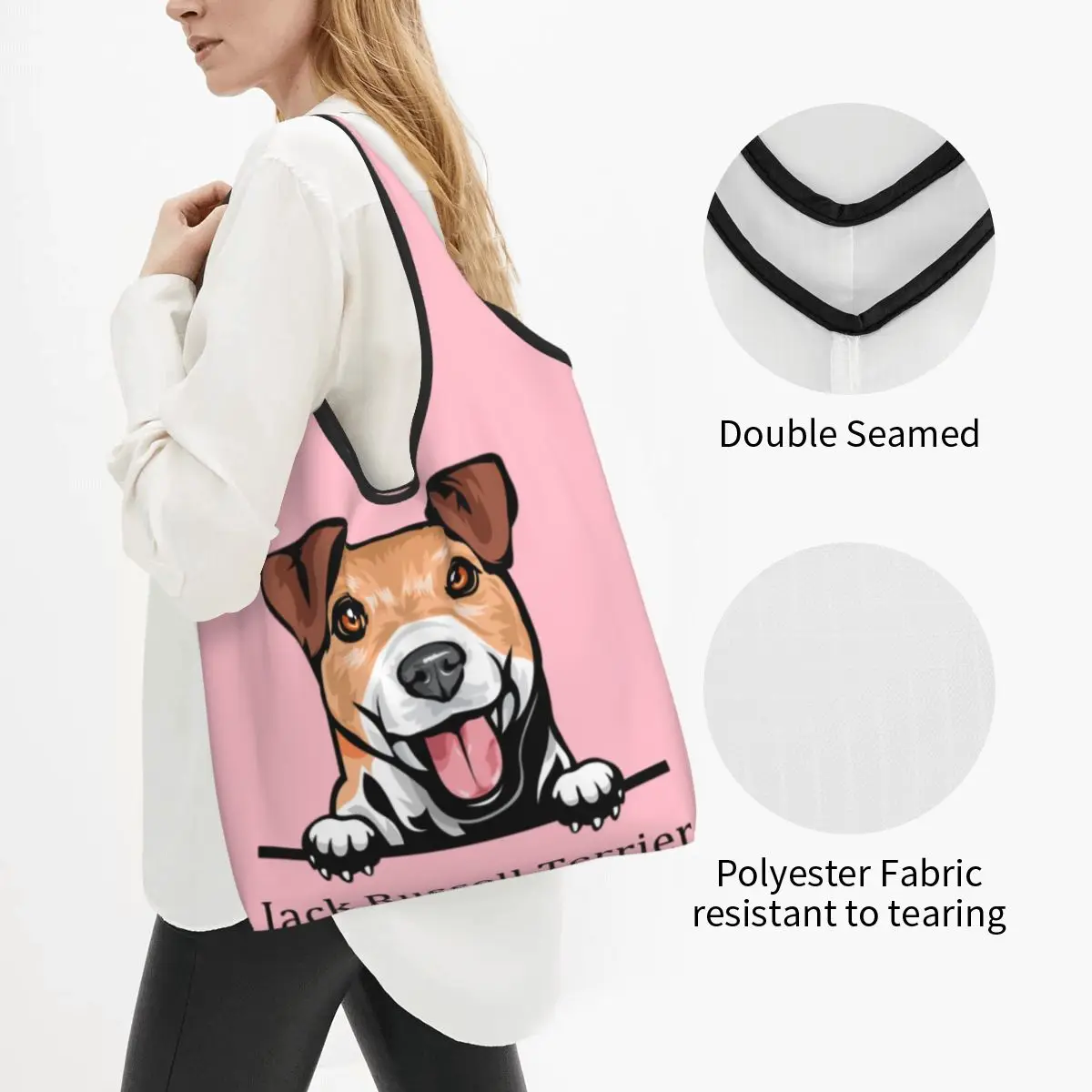 Custom Reusable Peeking Dog Jack Russell Terrier Shopping Bag Women Tote Bag Portable Pet Animal Grocery Shopper Bags