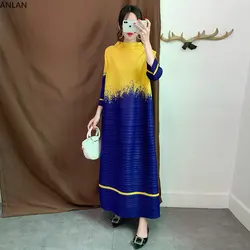 Miyake Pleated Maxi Dress for Women 2024 New Color Block Printed O-Neck Long Sleeves Loose Dresses Female Clothing Summer