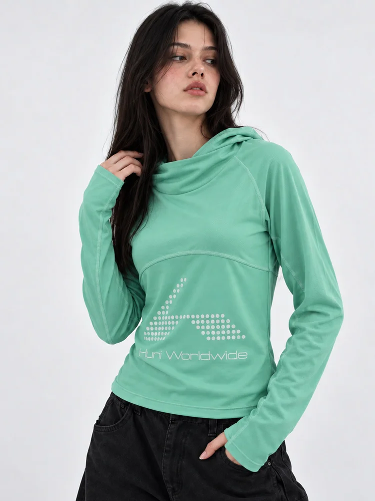 Winter Women Y2K Streetwear Mint Green Hooded Long Sleeve Slim Fit Lightweight Breathable Pullover Top Casual Sports Hoodie Wear - view 3