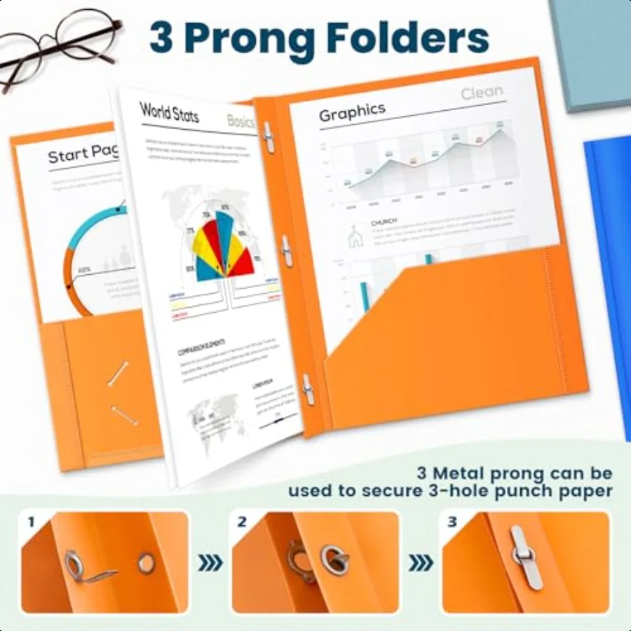 48 عبوة من مجلدات الجيب مع 3 شوكات من البلاستيك السائبة مع جيب أمامي شفاف في 6 ألوان مجلد ملفات شديد التحمل مع Fas