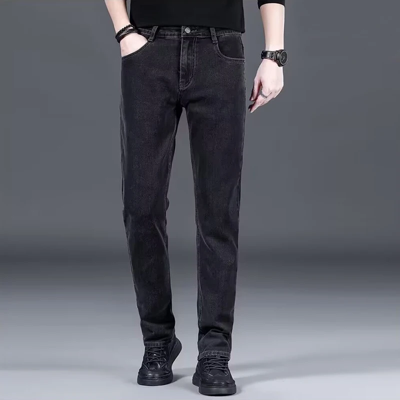 

Осенние мужские облегающие прямые джинсы, эластичные повседневные новые универсальные джинсовые брюки, деловые повседневные модные черные, серые брюки