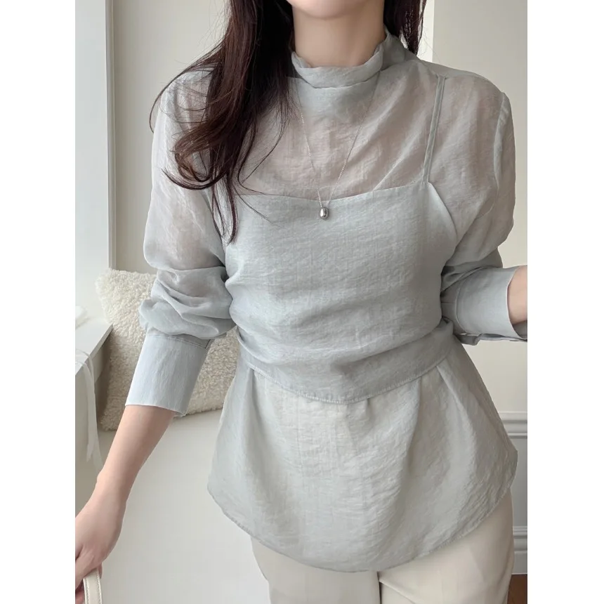 

Elegant Spring 2026 Women's Shirt Chic Strap Back Bowtie Slimming Top Fashionable Long Sleeve Polyester Fiber Skin-friendly B...