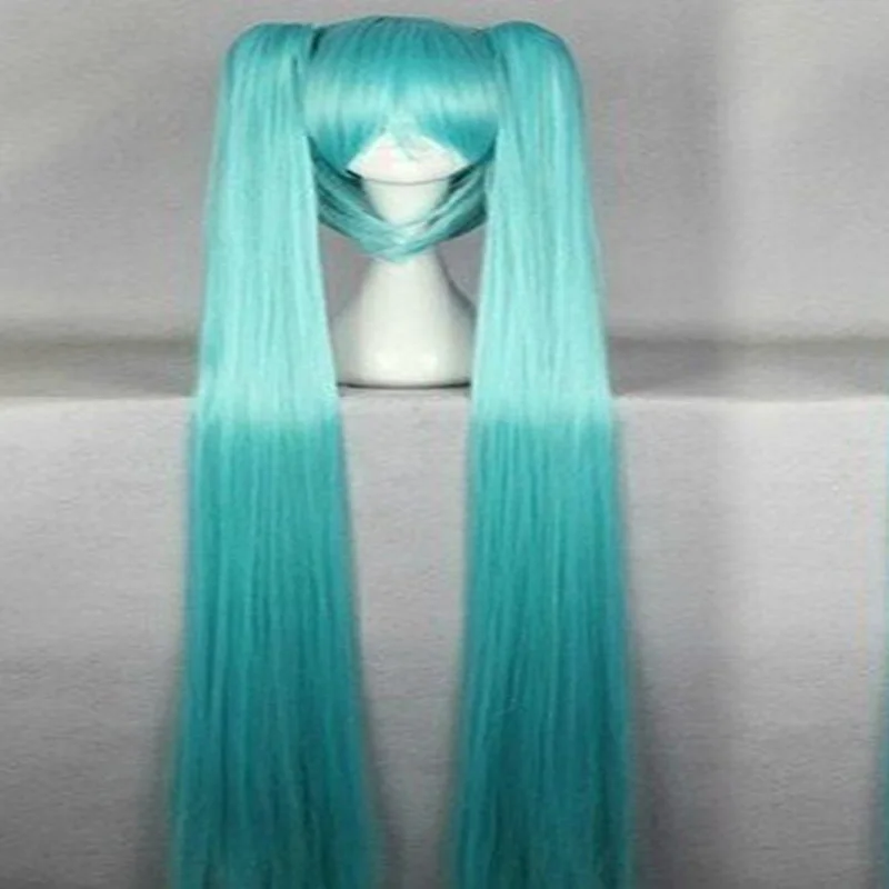 HAIRJOY włosy syntetyczne długie proste zielone peruka do cosplay z 2 klipsami w kucykach Vocaloid Hatsune Miku peruka kostiumowa