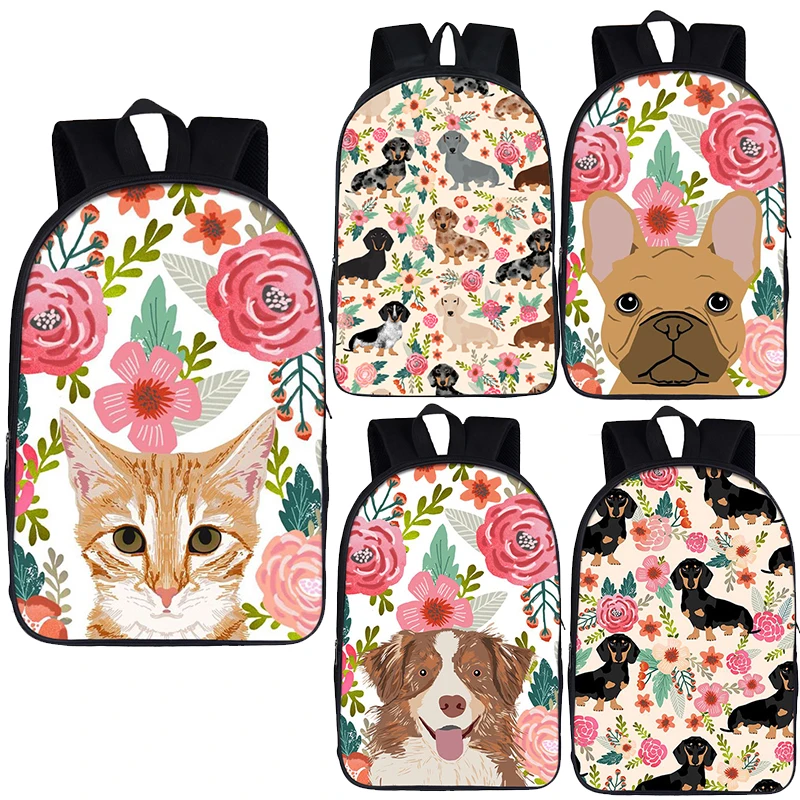 

Kawaii Flower Print Yorkshire Terrier / French Bulldog Backpack Children School Bags for Teenagers Cartoon Cat Dog Book Bag Gift