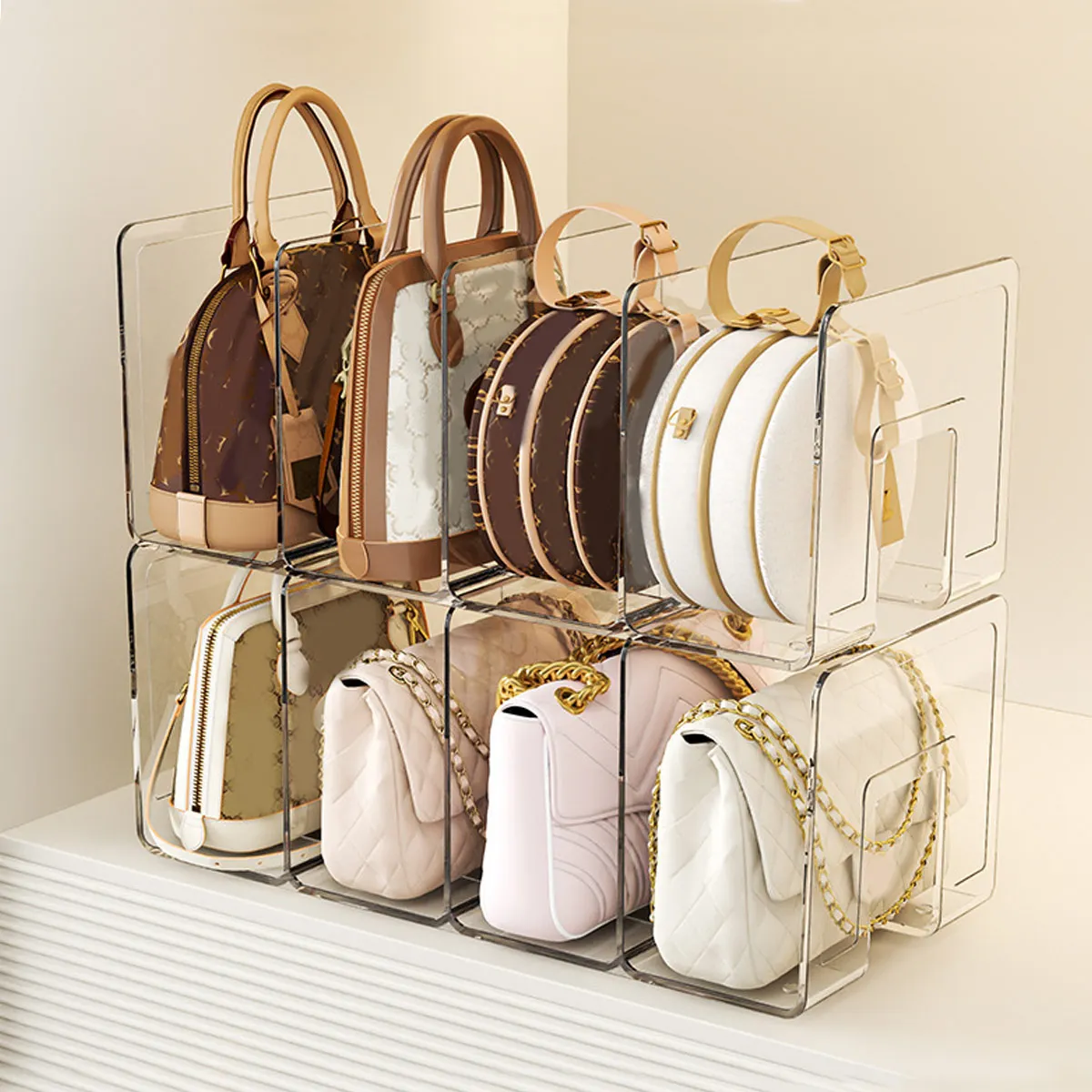 Handtaschen-Aufbewahrungsregal Organizer mit 4 Fächern Transparentes Schrank-Handtaschenregal Acryl-Kleiderschrank-Taschenhalter Handtaschen-Display