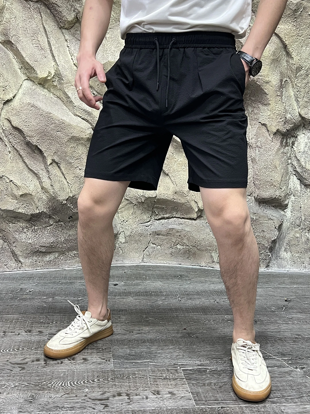   Line Cool Feeling Bubble Fabric Men's Qui Dry Casual Suelto Deporte orts Verano Pierna Recta Cremallera Mediados de Cintura