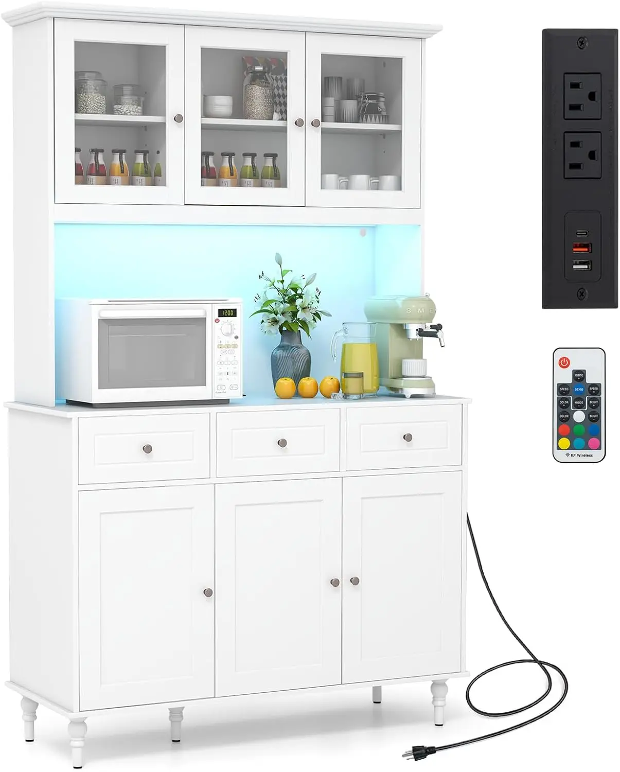 77” Large Pantry Cabinet, Kitchen Buffet Hutch w/LED Lights 20 Colors, Outlet, Microwave Countertop, Freestanding Cupboard