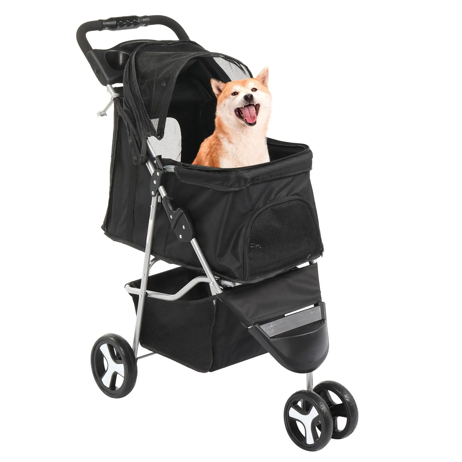 3-Wheel Pet Stroller for Small Dogs & Cats - Foldable Waterproof Jogger with Cup Holder & Removable Liner, Black