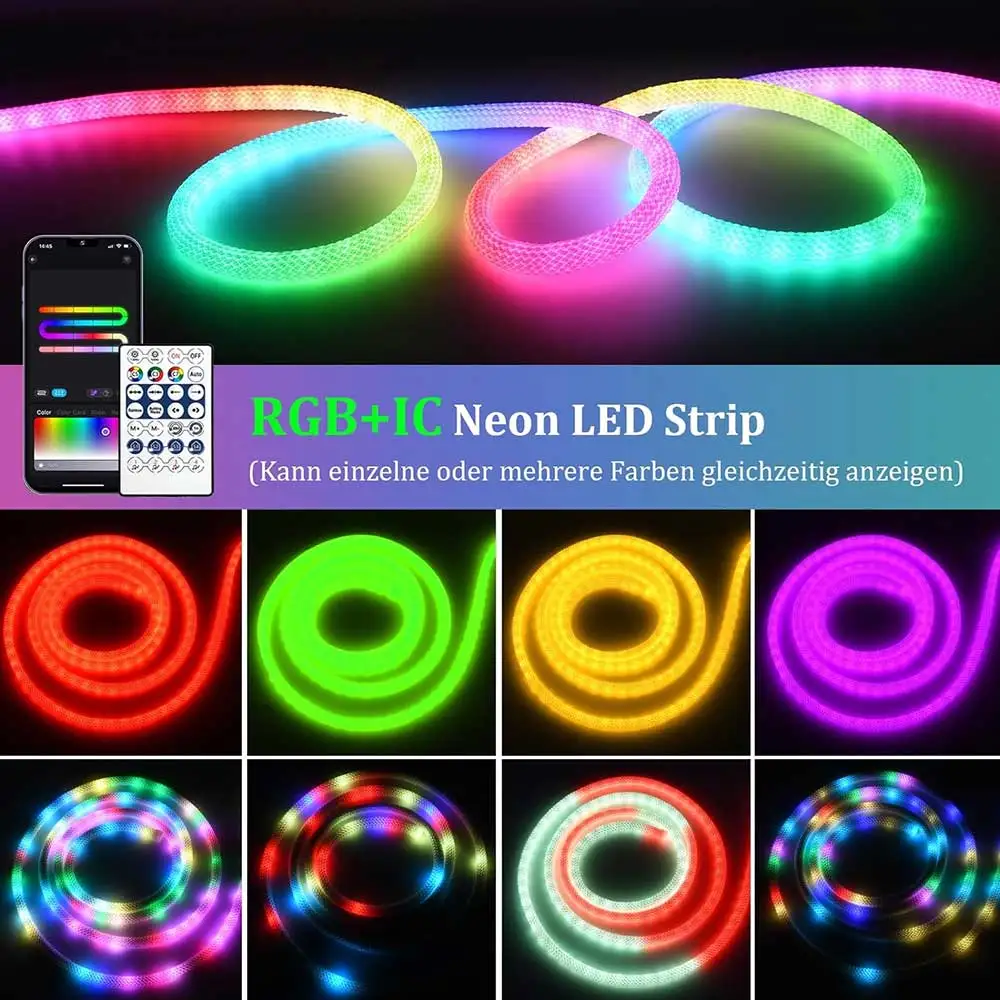 WS2811 RGBIC Round Reticulate Neon Strip Lights, 360° Bendable Dream Color Rope Lights for Bedroom Ambient Decoration