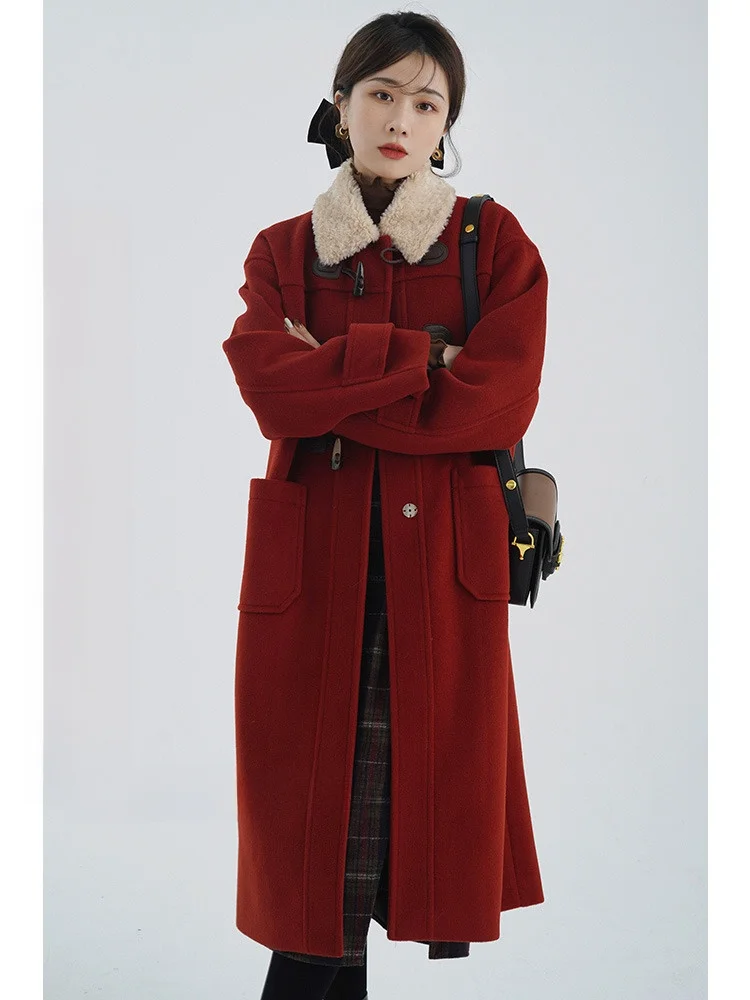 

Rabbit Red Lamb Fur Collar Button down Long Loose Women's Woolen Coat Sweet Japanese Sle Polyester Blend Long Sve