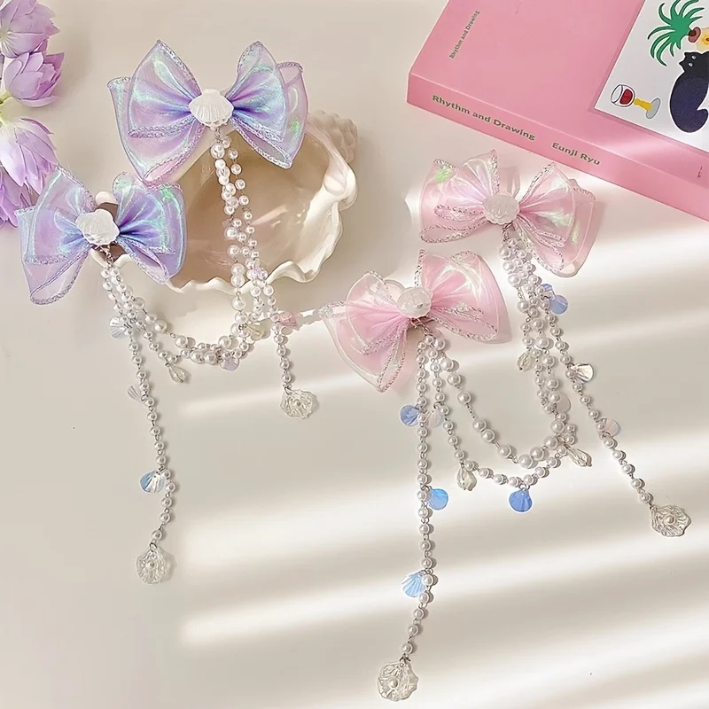 Children Baby Mermaid Princess Pearl Butterfly Fringe Bow Forehead Chain Hairpin Fairy Hair Accessories Cartoon Girls Hair Clip