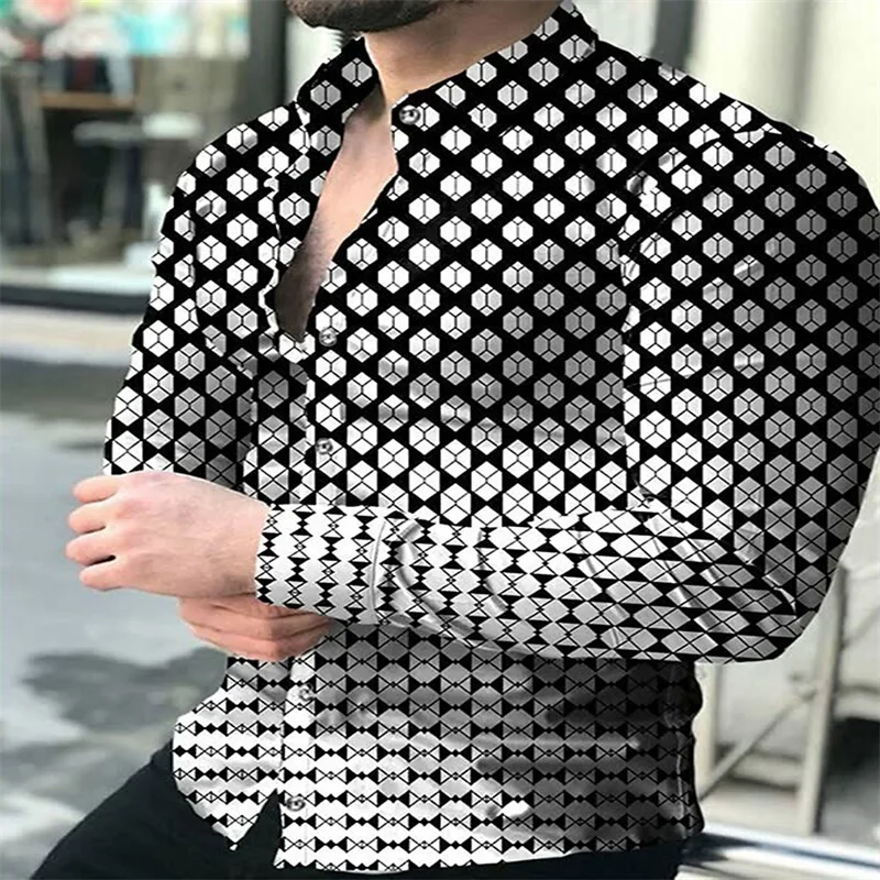 

Men's Shirt Plaid Stripe Pattern Print Geometric Lapel Black Royal Blue Dark Grey Beige 3D Printing Outdoor Street Long Sleeve