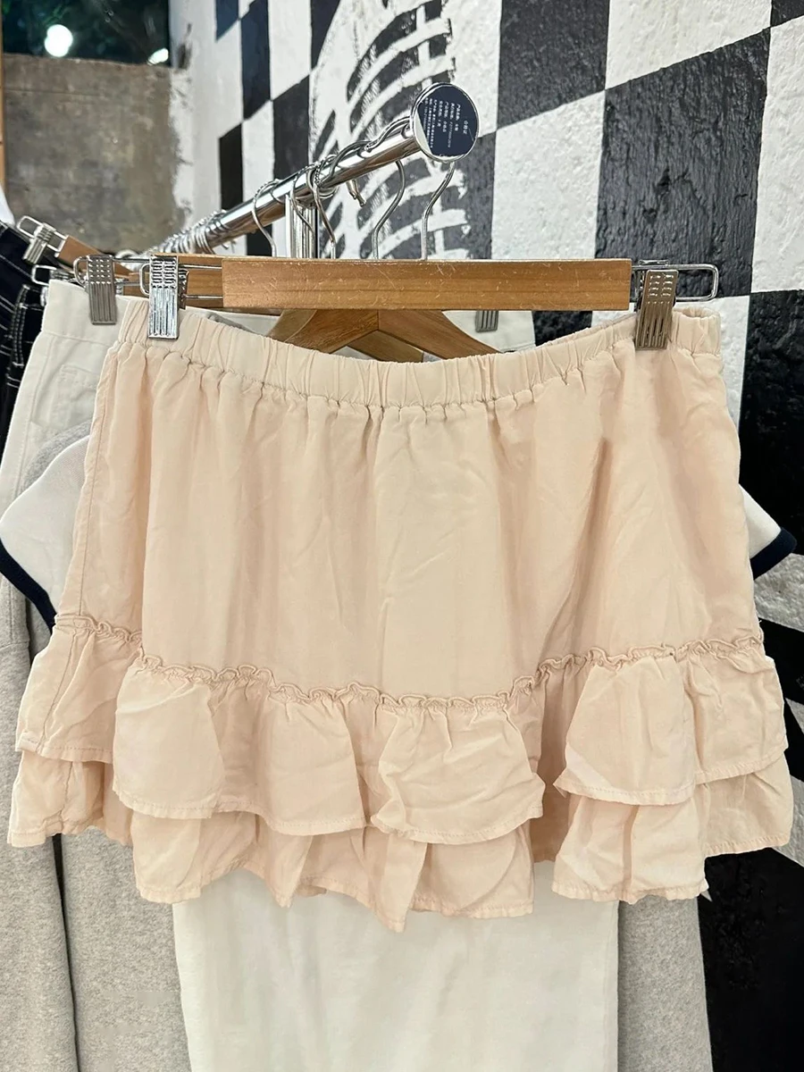 New Pink Ruffles Mini Skirt Woman Eleastic High Waist A-line Short Faldas Summer Female Hipster Sweet Preppy Style Skirts Y2k