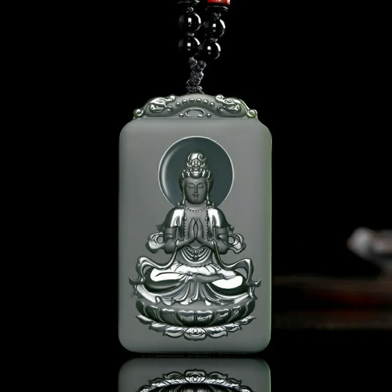 Hetian on the Lotus Throne Lucky Guanyin Gray Jade Pendant Necklace Fine Material