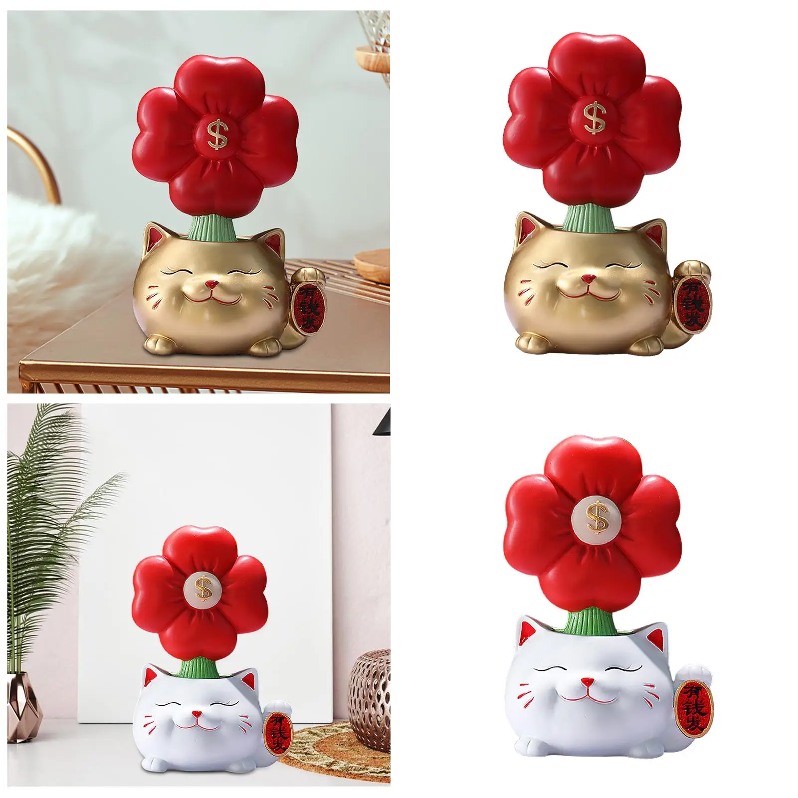 Lucky Cat Figurine with Flower Decor Chinese Style Crafts Birthday Gift Creative Statue for Entrance Office Home Bookshelf Desk